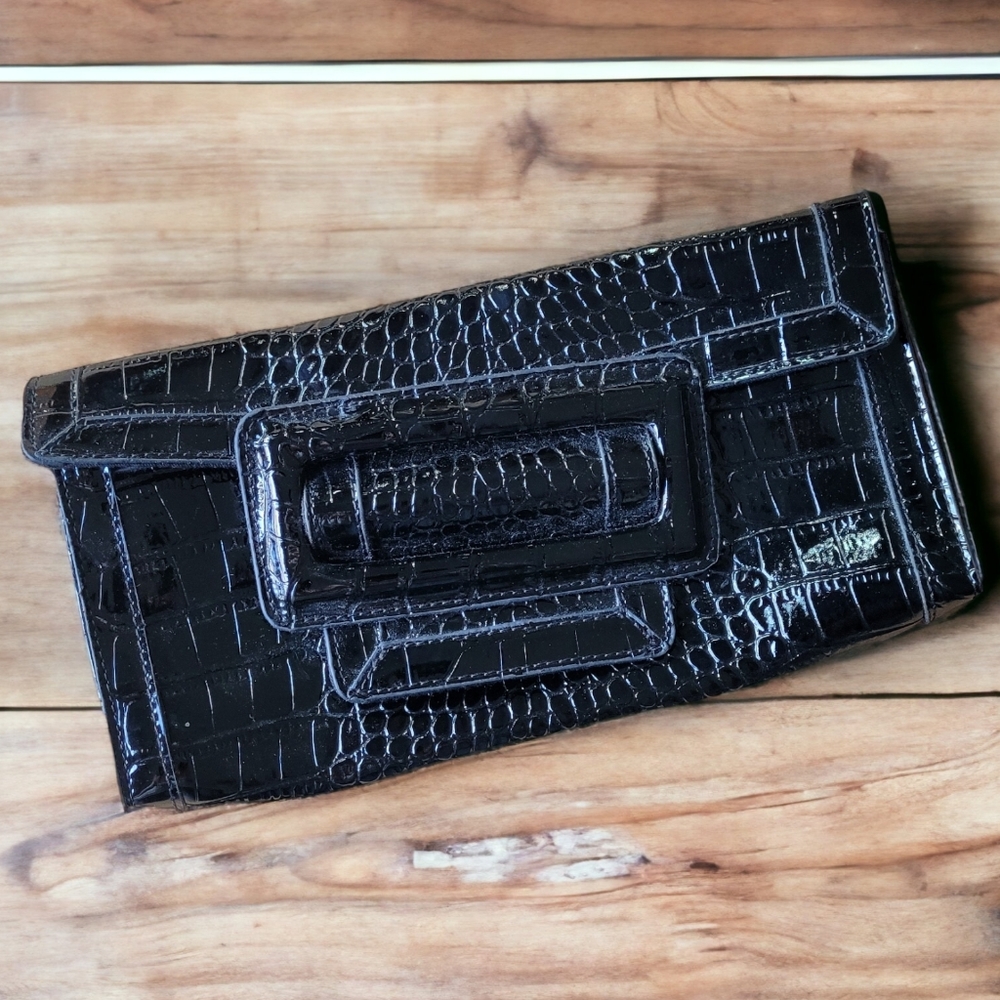 White House Black Market Croc Clutch Purse Black Patent Leather